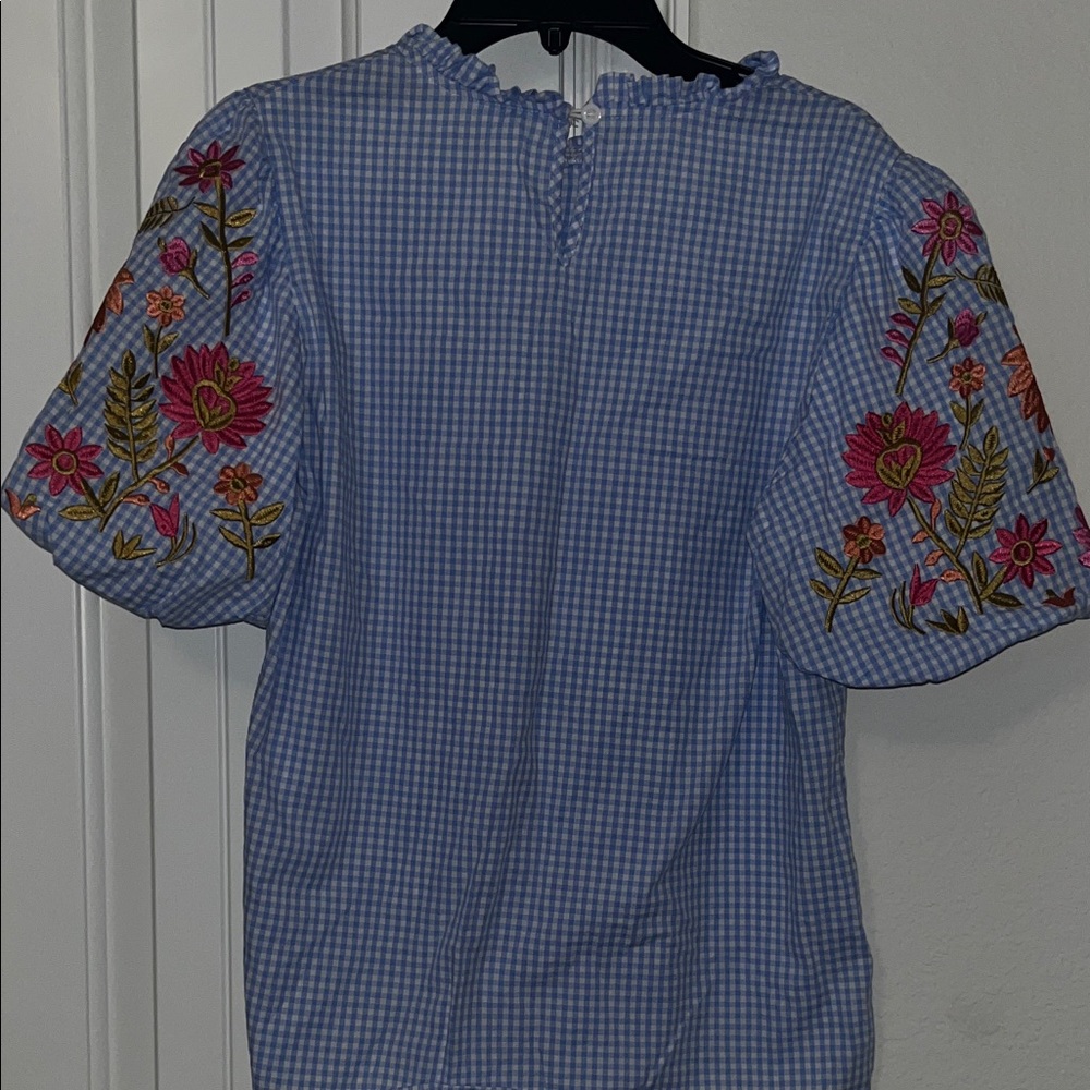 Boutique Blue Gingham Top with Floral Embroidery - Picture 5 of 9